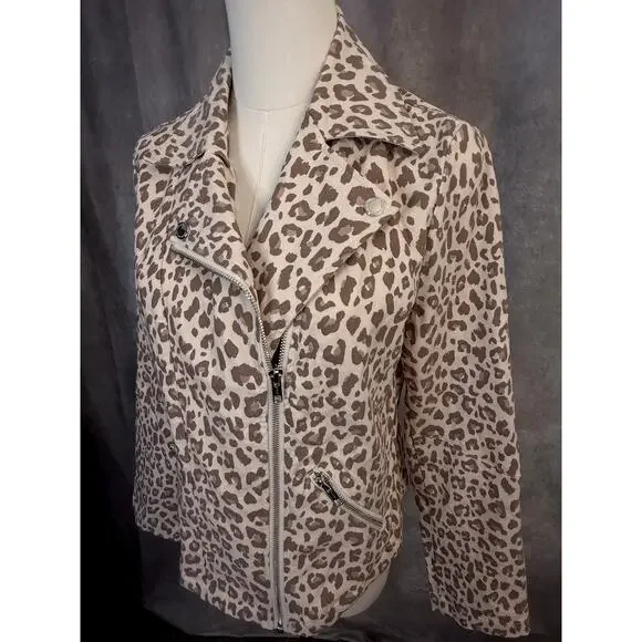 Adyson Parker Leopard Moto Jacket Size M Beige Tan Blush Silver Zipper Tailored - Picture 3 of 13